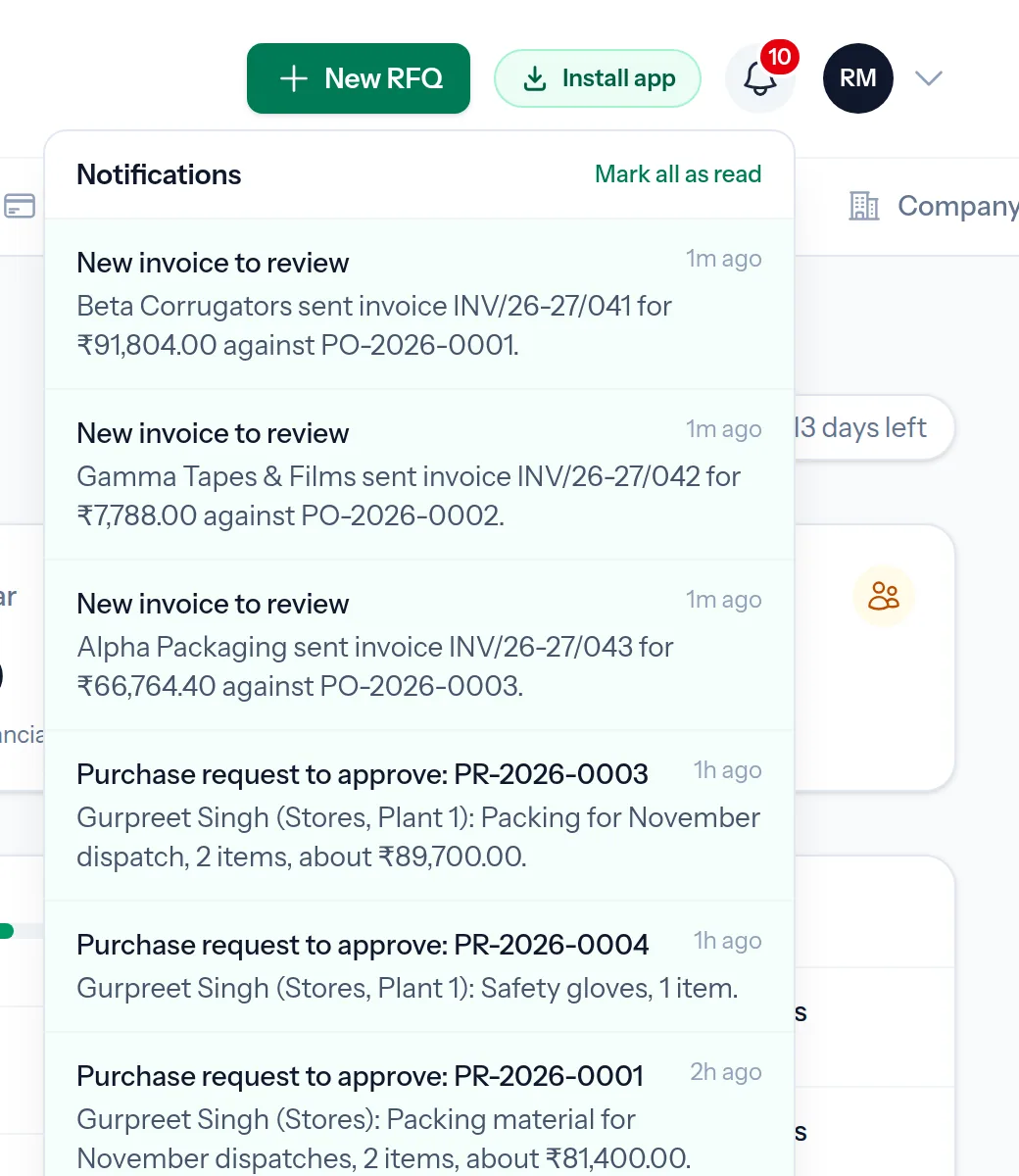 Notification bell with live updates on quotes, orders and invoices