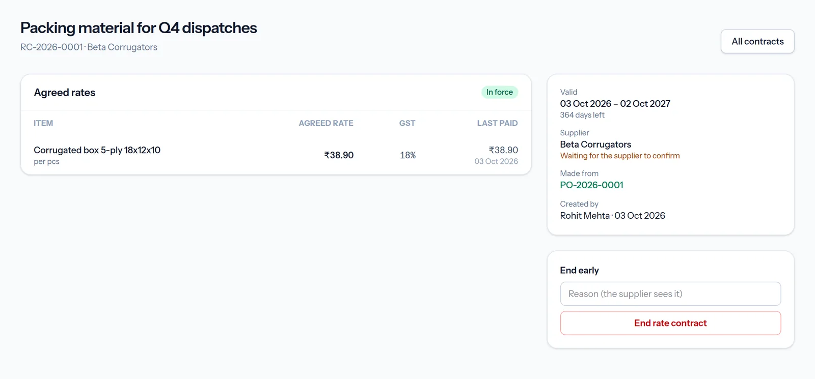 Rate contract with agreed rates, validity and supplier confirmation