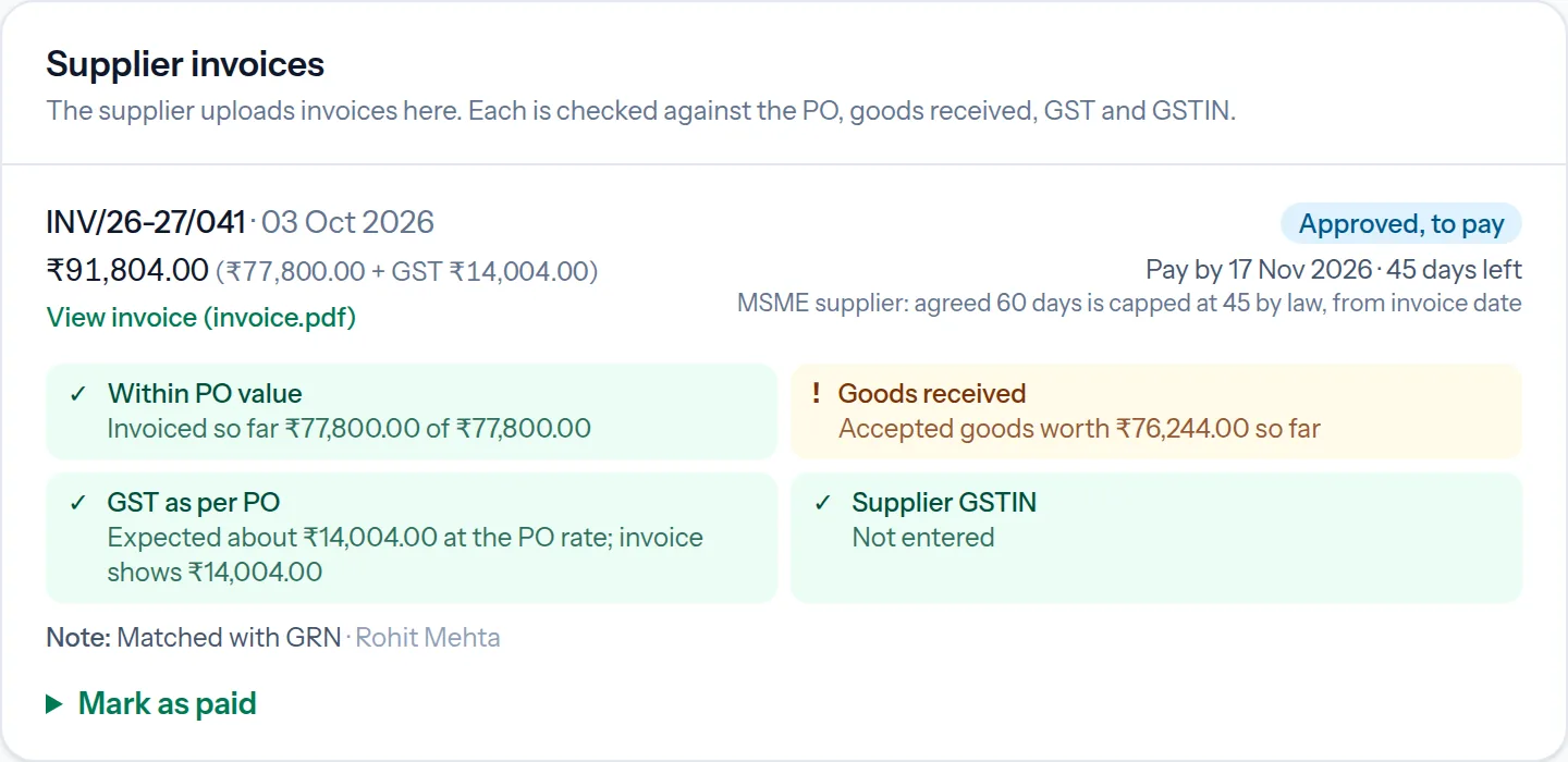 Supplier invoice checked against PO value, goods received, GST and GSTIN