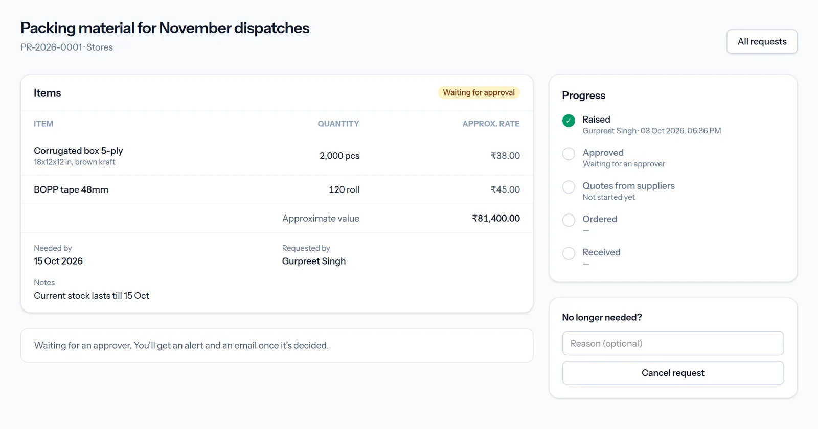 A purchase request in GetL1 showing its items and progress from approval to delivery